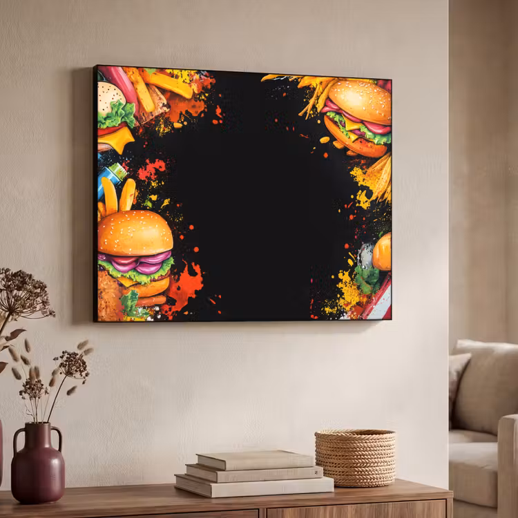 Fastfood - Graffiti - Hamburger - Eten - Modern Textielframe zwart klein -sfeer3