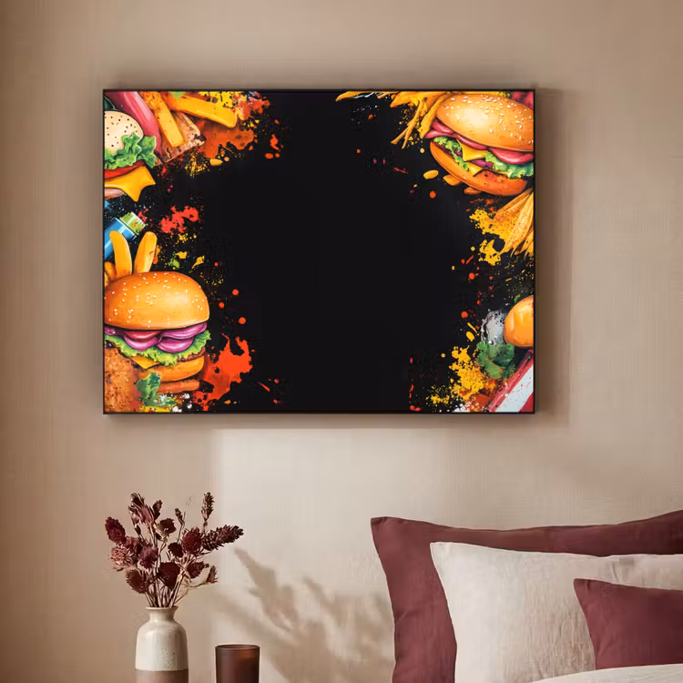 Fastfood - Graffiti - Hamburger - Eten - Modern Textielframe zwart klein -sfeer1