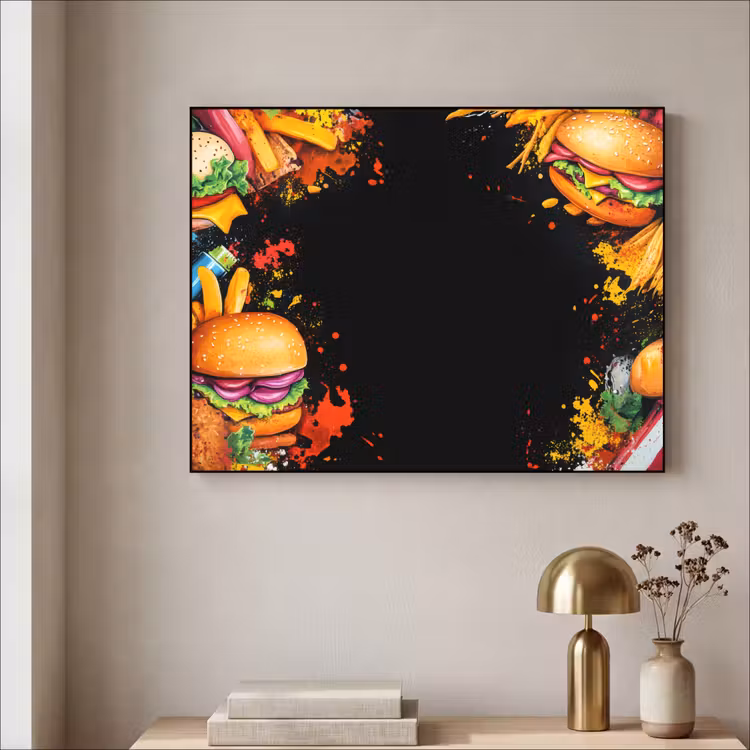 Fastfood - Graffiti - Hamburger - Eten - Modern Textielframe zwart klein -sfeer2