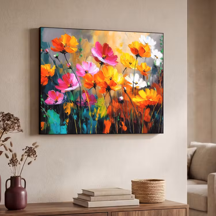 Felgekleurd - Bloemblaadjes - Abstract Textielframe - compleet frame klein -sfeer3