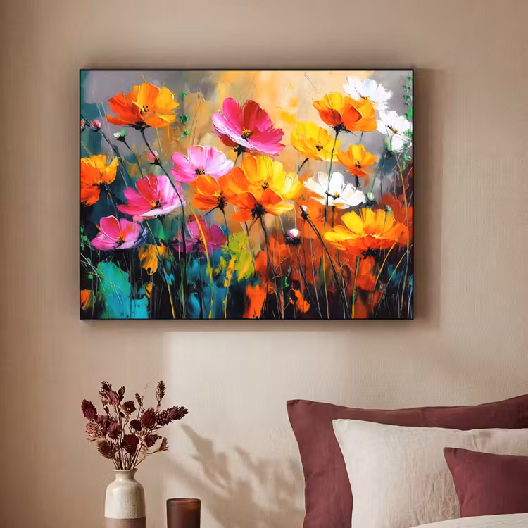 Felgekleurd - Bloemblaadjes - Abstract Textielframe - compleet frame klein -sfeer1