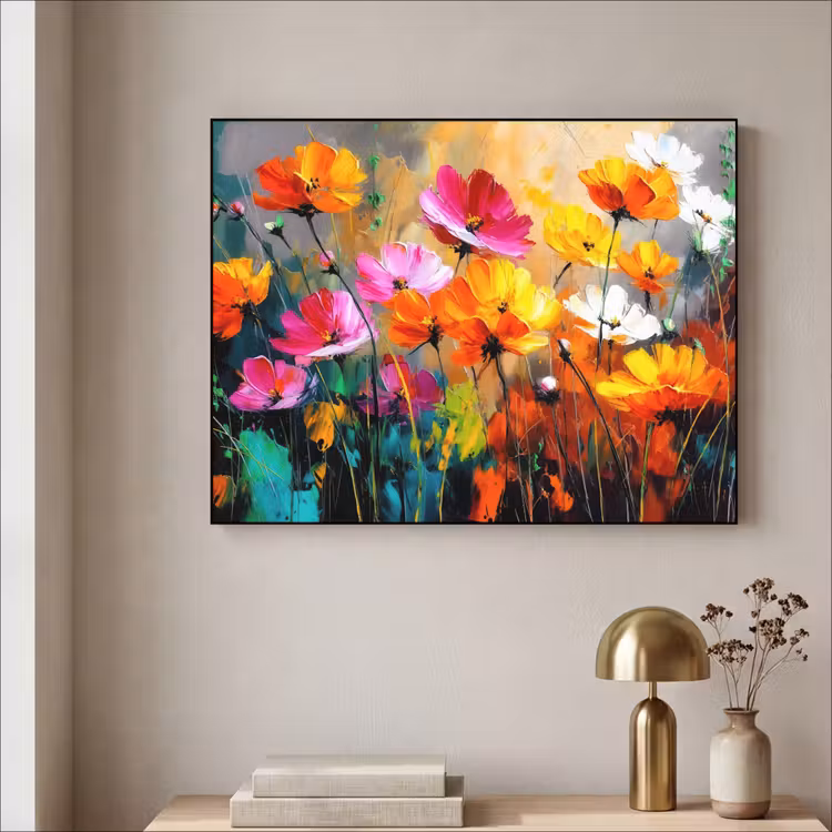 Felgekleurd - Bloemblaadjes - Abstract Textielframe zwart klein -sfeer2