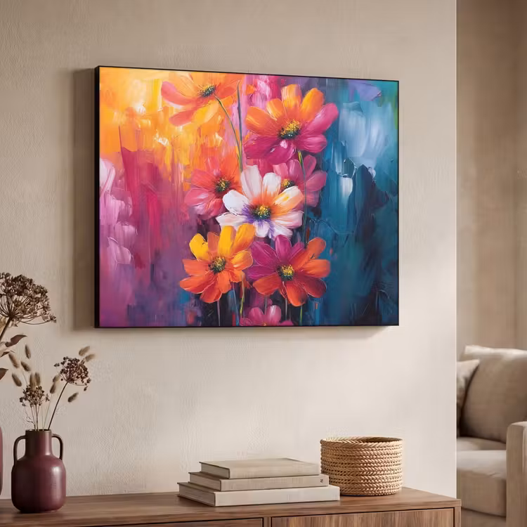 Felle bloemen - Dynamisch - Levendig Textielframe - compleet frame klein -sfeer3