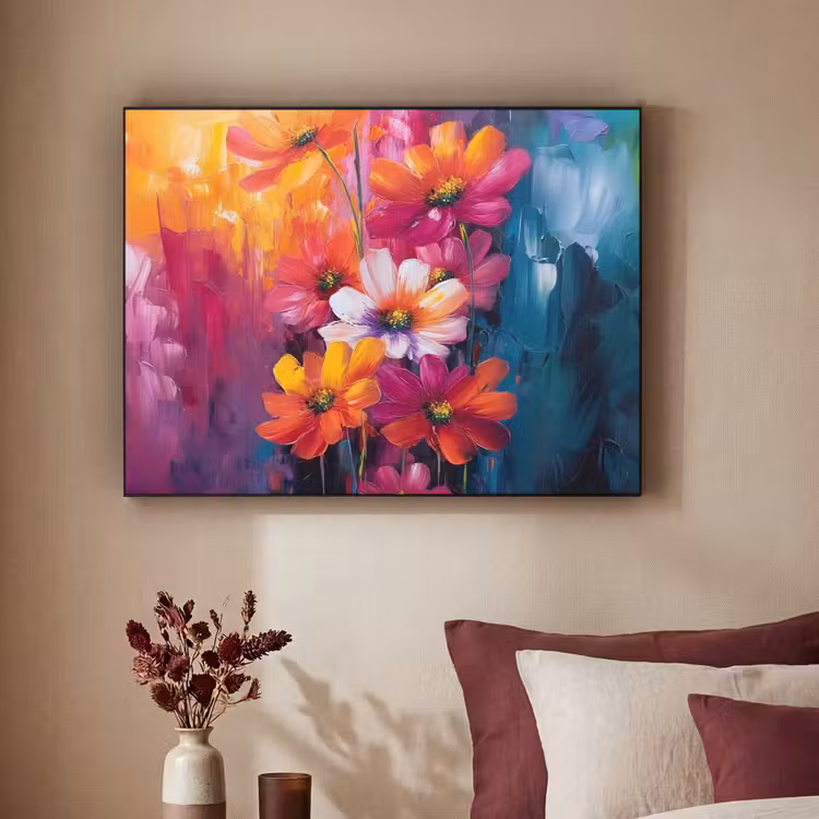 Felle bloemen - Dynamisch - Levendig Textielframe - compleet frame klein -sfeer1