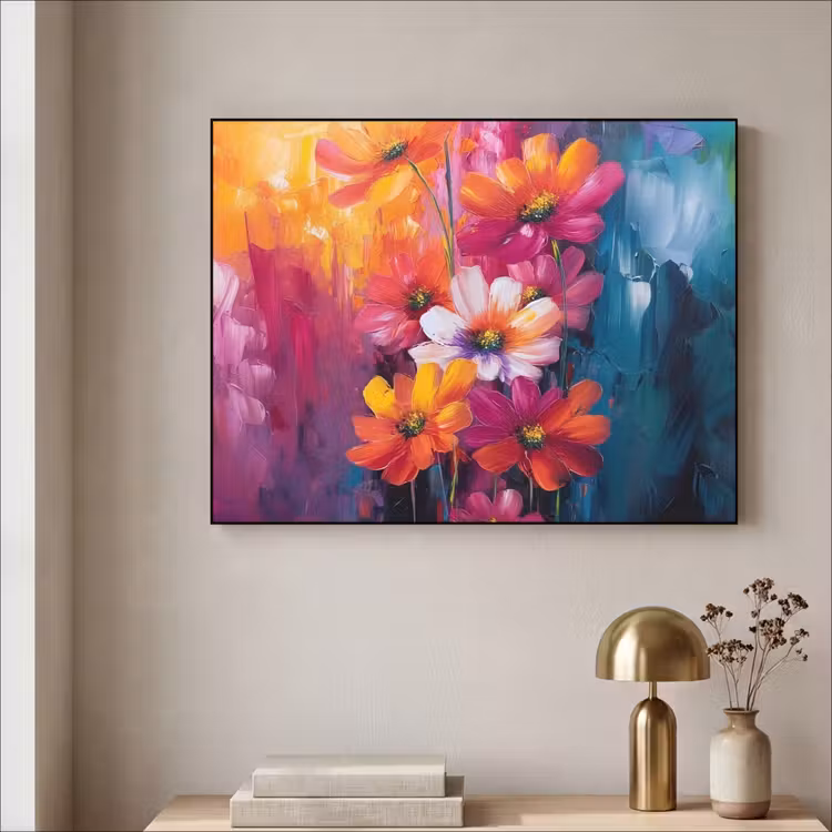 Felle bloemen - Dynamisch - Levendig Textielframe - compleet frame klein -sfeer2