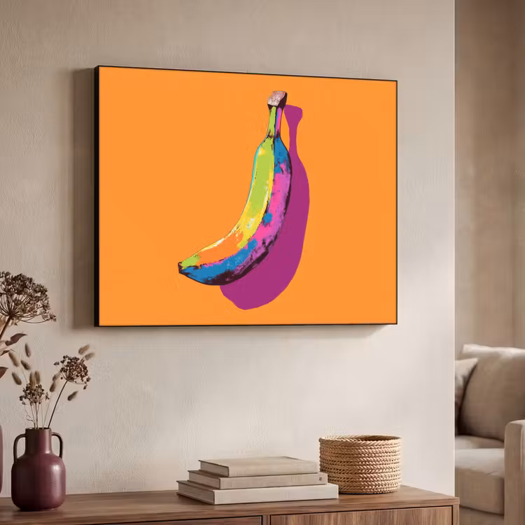 Felle kleuren - Banaan - popart Textielframe zwart klein -sfeer3