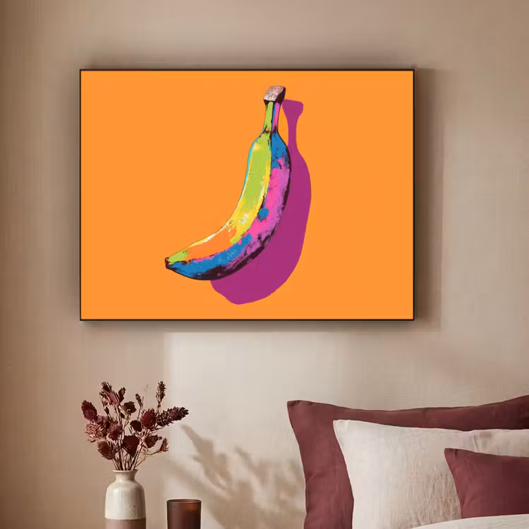 Felle kleuren - Banaan - popart Textielframe zwart klein -sfeer1