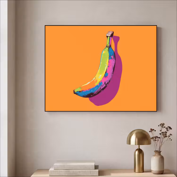 Felle kleuren - Banaan - popart Textielframe - compleet frame klein -sfeer2