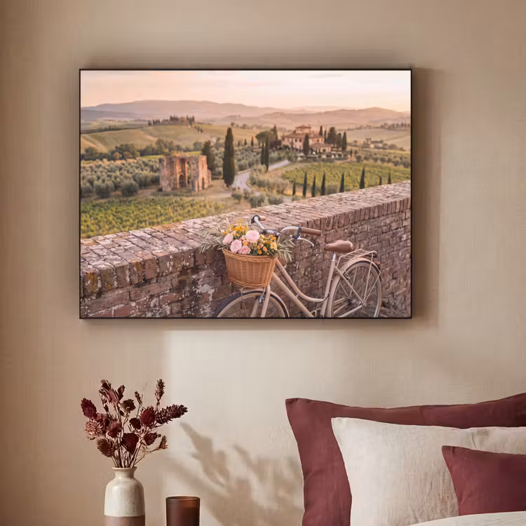 Fiets - Bloemen - Toscane - Landschap - Roze Textielframe zwart klein -sfeer1
