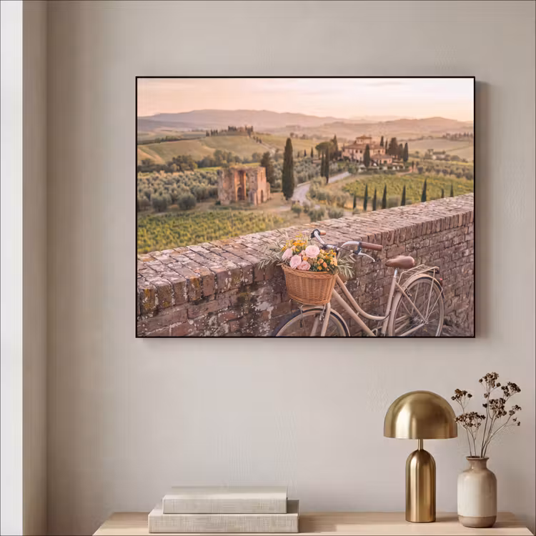 Fiets - Bloemen - Toscane - Landschap - Roze Textielframe zwart klein -sfeer2
