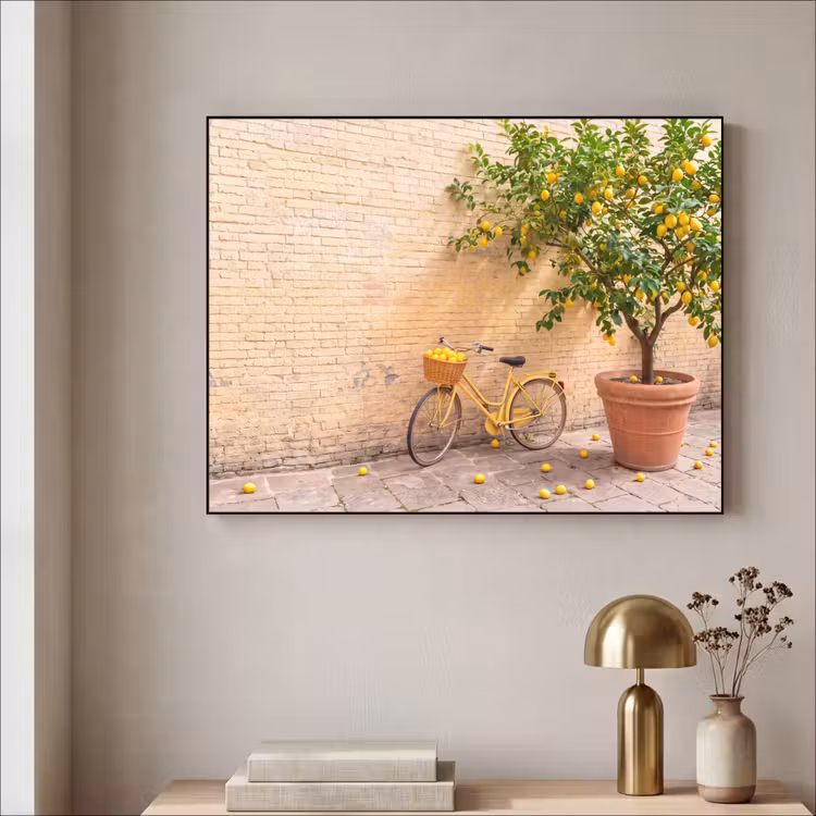 Fiets - Mand - Eten - Geel - Zomer Textielframe zwart klein -sfeer2