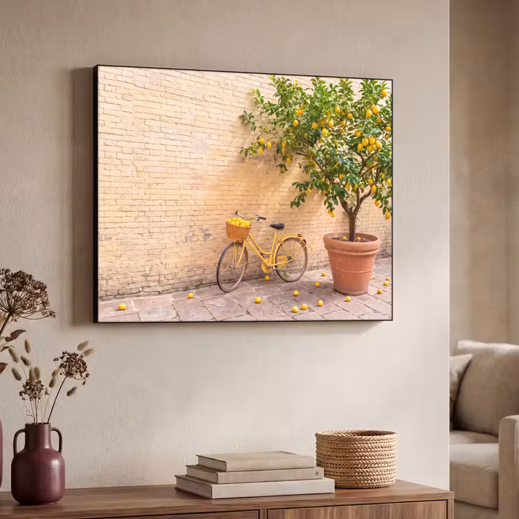 Fiets - Mand - Eten - Geel - Zomer Textielframe zwart klein -sfeer3
