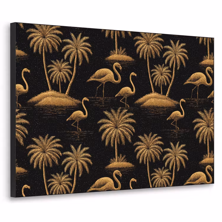 Flamingo - Palmbomen - Tropisch - Goud - Zwart Textielframe zwart klein 947 -3d