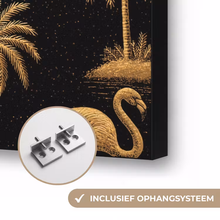 Flamingo - Palmbomen - Tropisch - Goud - Zwart Textielframe zwart klein 947 -USP_ophangsysteemNL