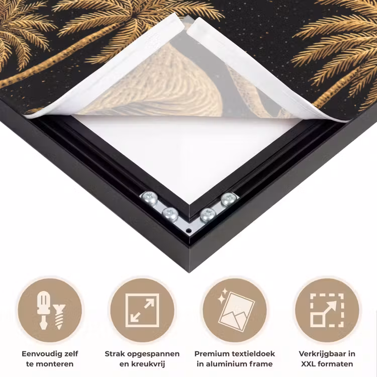 Flamingo - Palmbomen - Tropisch - Goud - Zwart Textielframe zwart klein 947 -USP_feed_closeupNL