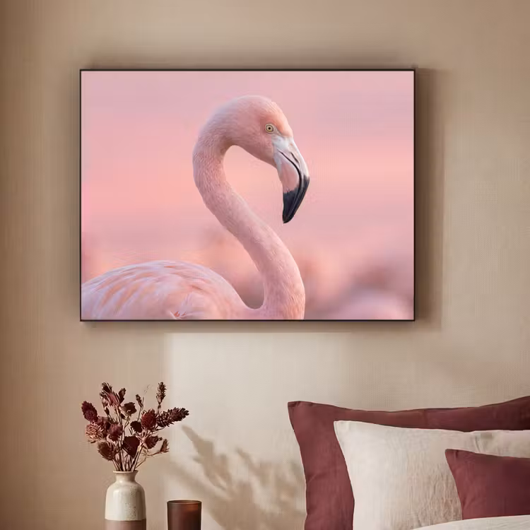 Flamingo - Portret - Roze Textielframe zwart klein -sfeer1