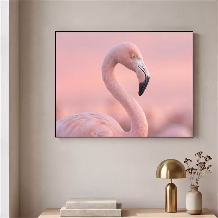 Flamingo - Portret - Roze Textielframe zwart klein -sfeer2