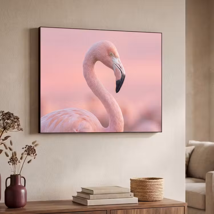 Flamingo - Portret - Roze Textielframe zwart klein -sfeer3