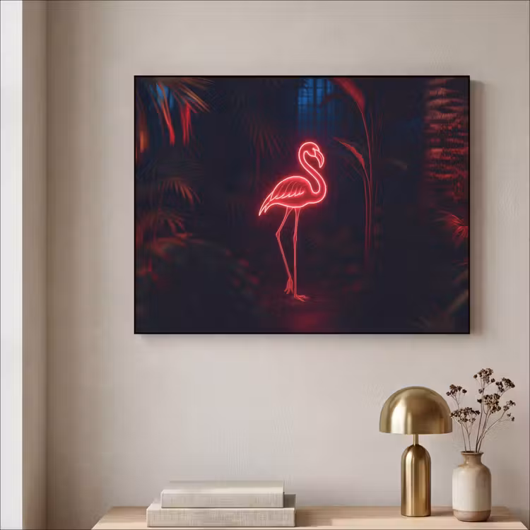 Flamingo - Roze - Neon - Licht Textielframe zwart klein -sfeer2
