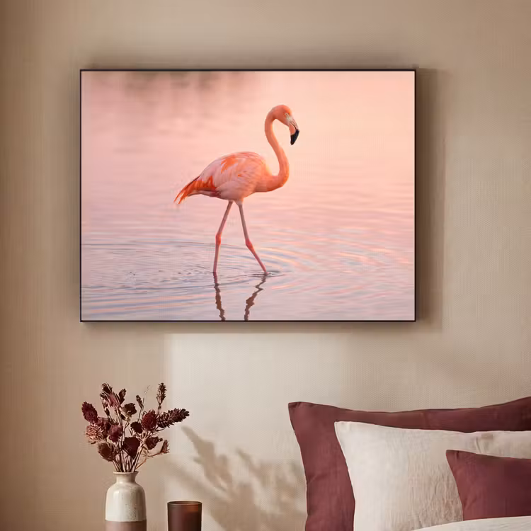 Flamingo - Water - Roze Textielframe zwart klein -sfeer1