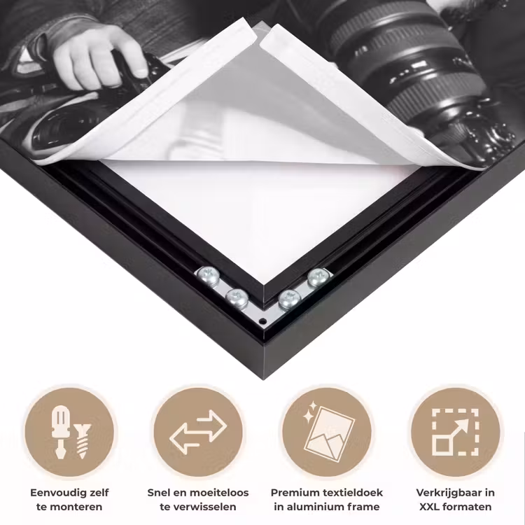 Fotografen - Menigte - Flitsers - Journalistiek Textielframe zwart klein -USP_closeupNL