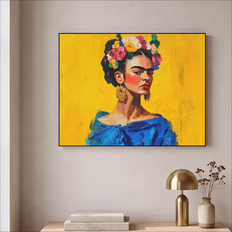 Frida Kahlo - Vrouw - Geel - Blauw - Bloemen Textielframe zwart klein -sfeer2