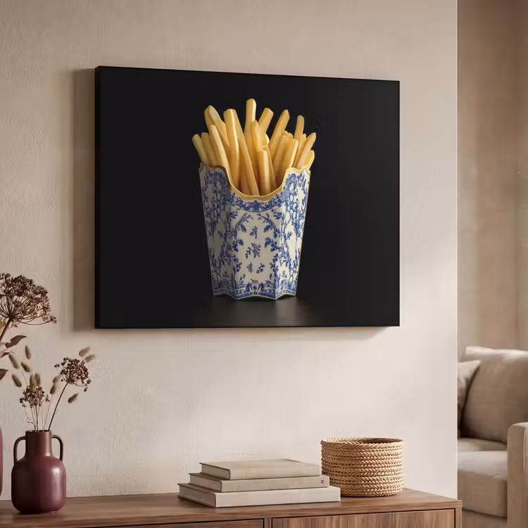 Friet - Porselein - Delfts blauw - Eten Textielframe zwart klein -sfeer3