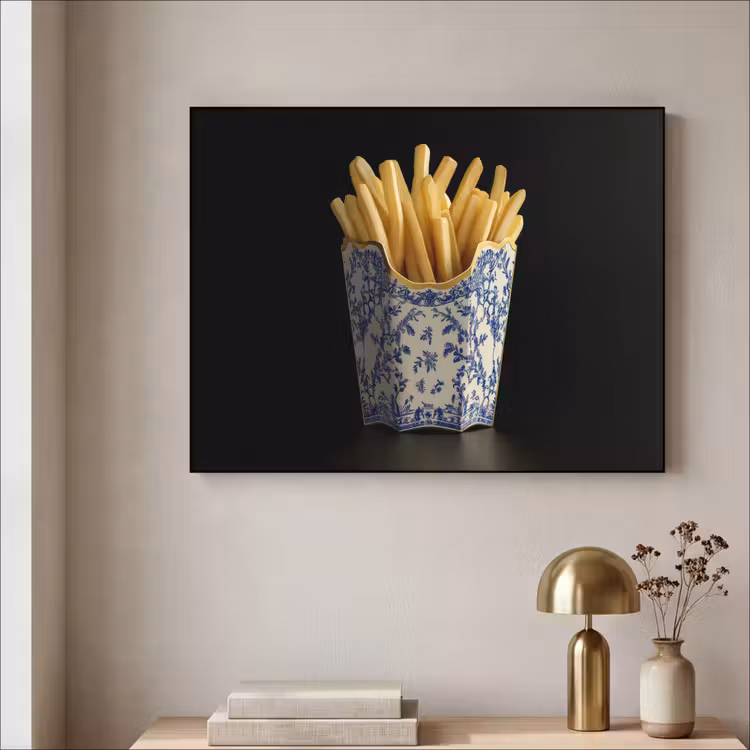 Friet - Porselein - Delfts blauw - Eten Textielframe zwart klein -sfeer2
