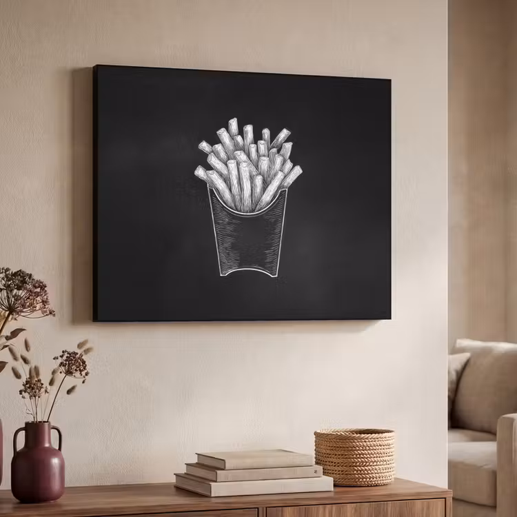 Friet - Witte krijttekening - Zwart Textielframe - compleet frame klein -sfeer3