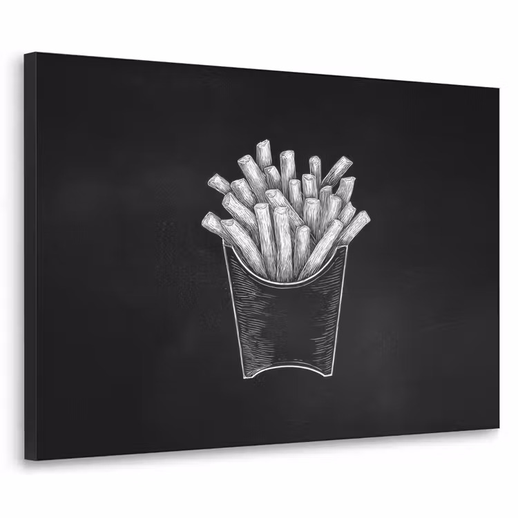 Friet - Witte krijttekening - Zwart Textielframe zwart klein -3d