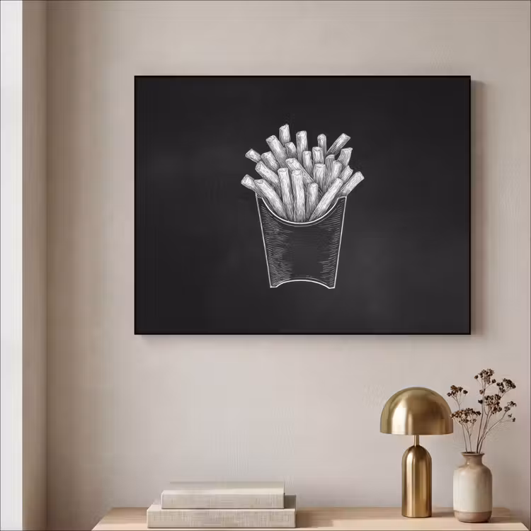 Friet - Witte krijttekening - Zwart Textielframe zwart klein -sfeer2