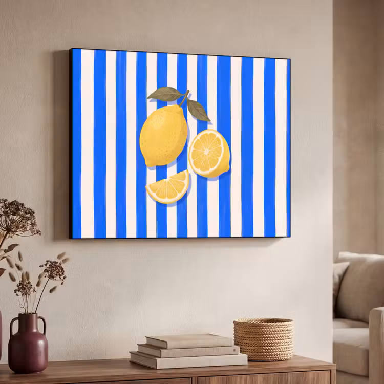 Fruit - Citroen - Zomer - Geel - Blauw Textielframe zwart klein -sfeer3