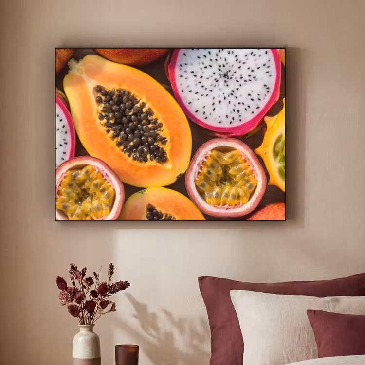 Fruit - Geopend - Tropisch - Eten - Kleurrijk Textielframe zwart klein -sfeer1