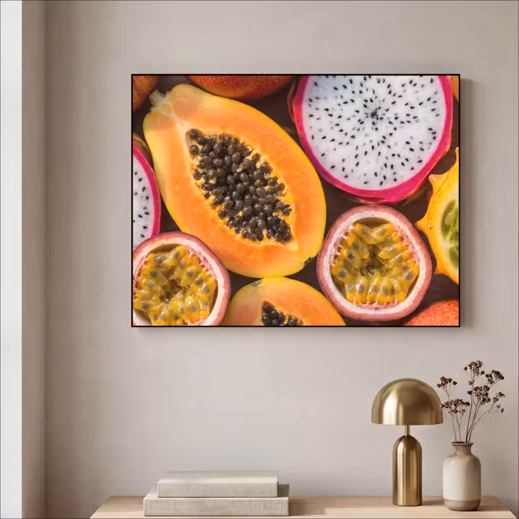 Fruit - Geopend - Tropisch - Eten - Kleurrijk Textielframe zwart klein -sfeer2
