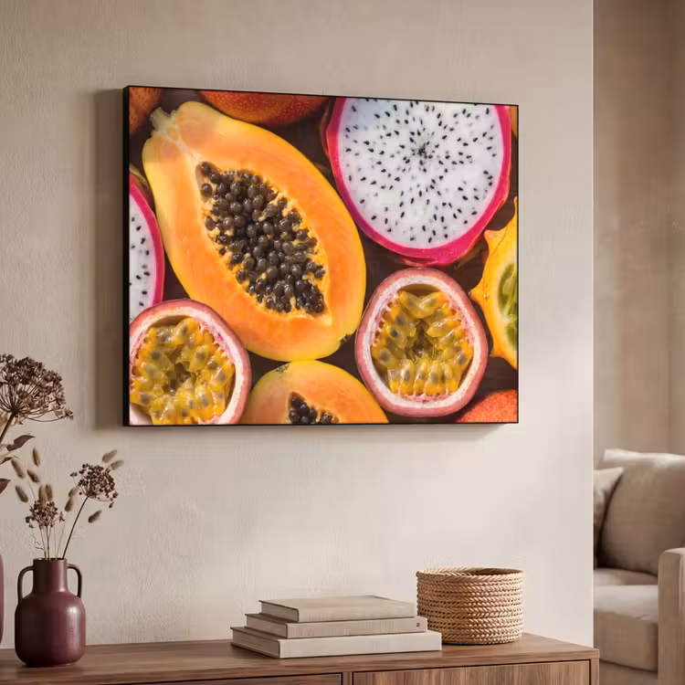 Fruit - Geopend - Tropisch - Eten - Kleurrijk Textielframe zwart klein -sfeer3