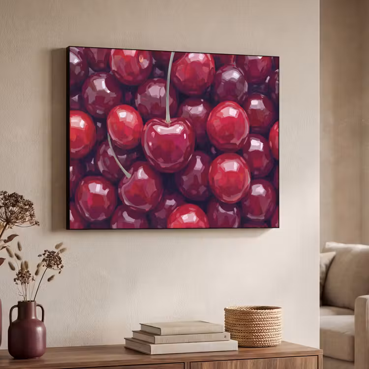 Fruit - Kersen - Eten - Modern - Rood Textielframe zwart klein -sfeer3