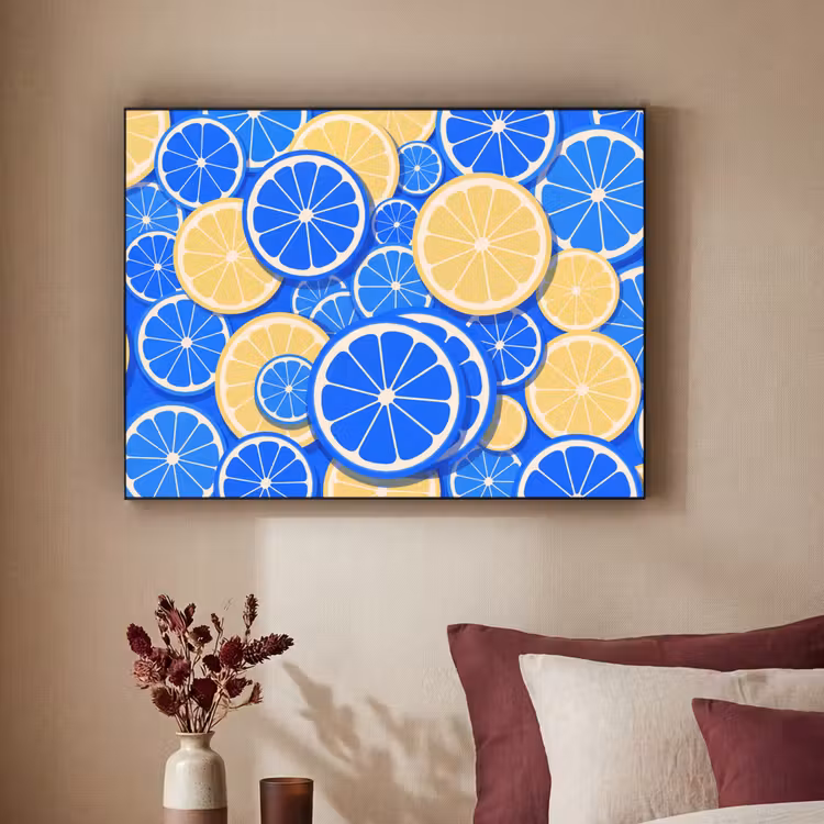 Fruit - Schijven - Patroon - Modern - Blauw - Geel Textielframe zwart klein -sfeer1