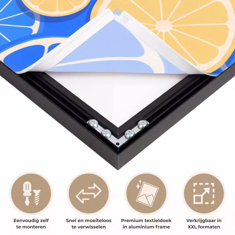 Fruit - Schijven - Patroon - Modern - Blauw - Geel Textielframe zwart klein -USP_closeupNL