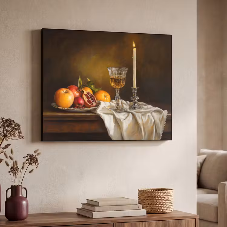 Fruit - Stilleven - Wijn - Kaars Textielframe zwart klein -sfeer3