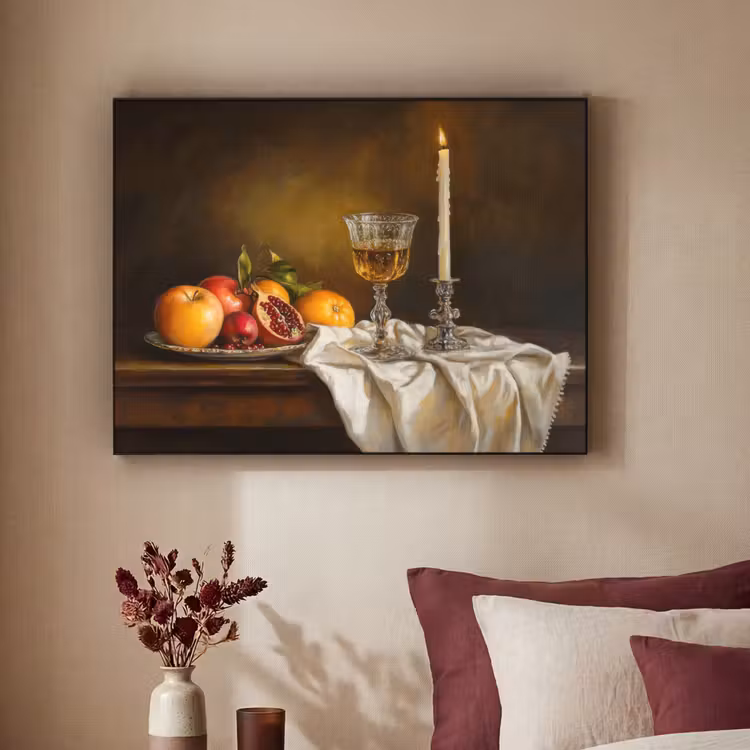 Fruit - Stilleven - Wijn - Kaars Textielframe zwart klein -sfeer1