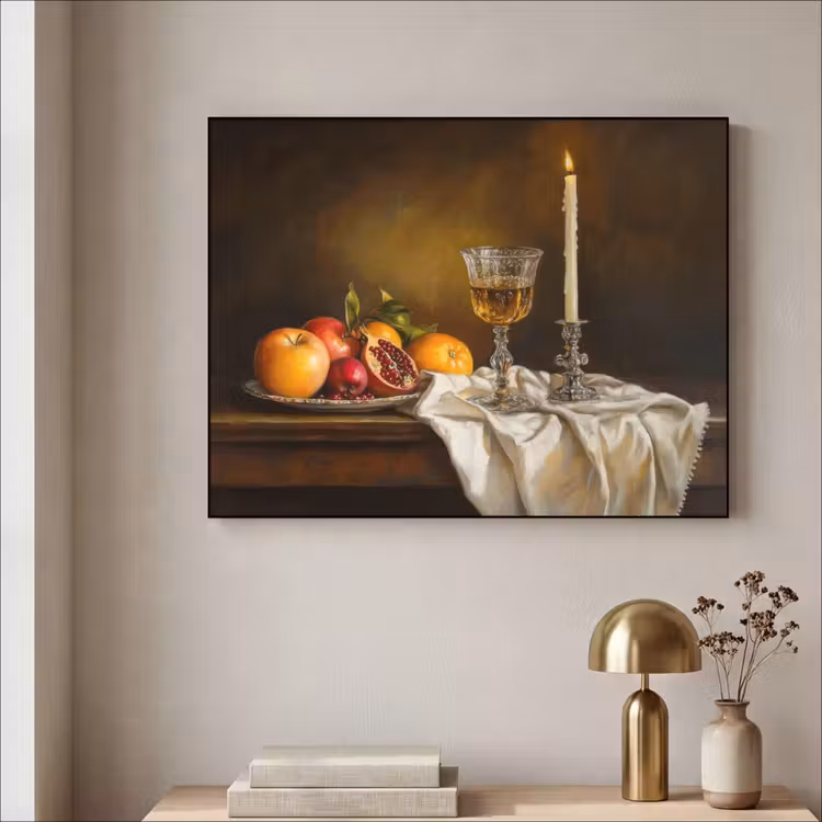 Fruit - Stilleven - Wijn - Kaars Textielframe zwart klein -sfeer2