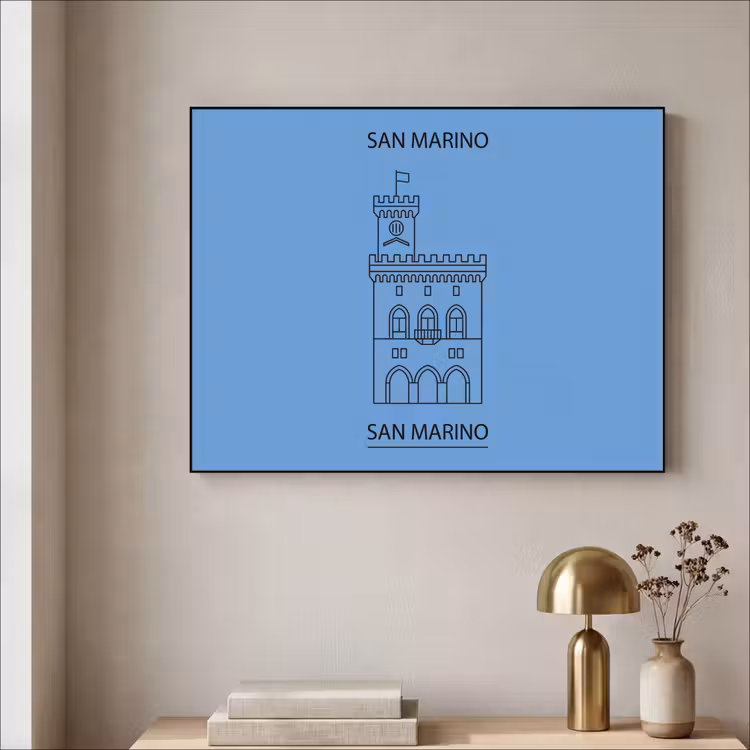Gebouw - San Marino - Architectuur - Lijntekening - Blauw Textielframe zwart klein -sfeer2