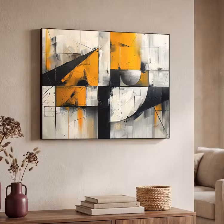 Geel - Abstract - Modern - Vormen Textielframe zwart klein -sfeer3