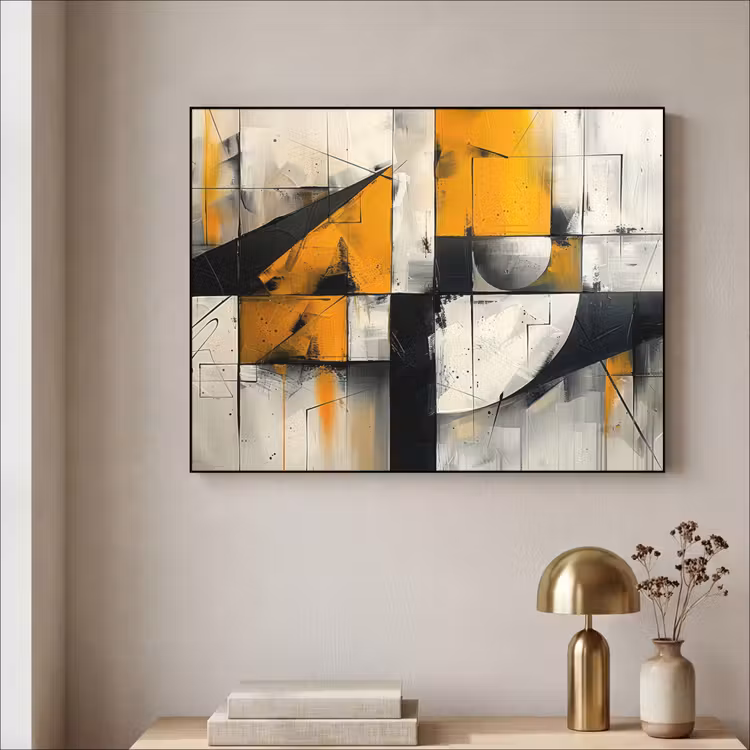 Geel - Abstract - Modern - Vormen Textielframe zwart klein -sfeer2