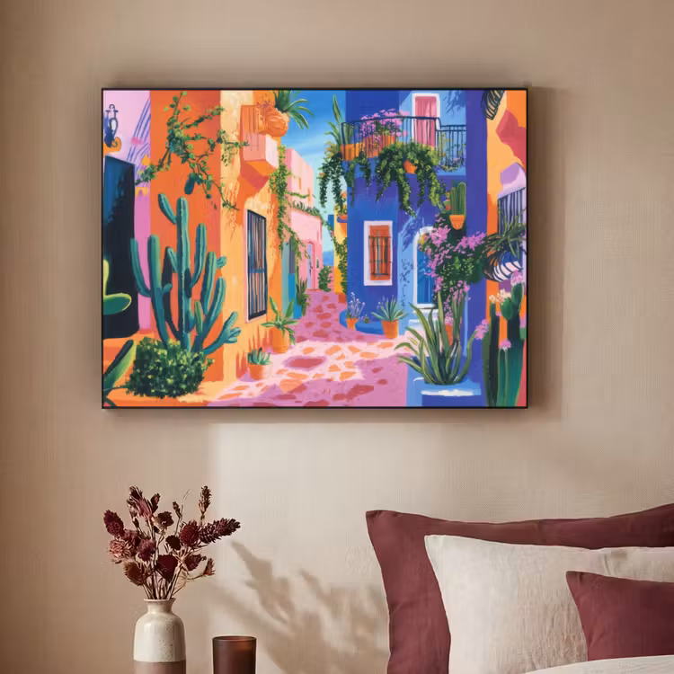 Geel - Blauw - Oranje - Huis Textielframe - compleet frame klein -sfeer1