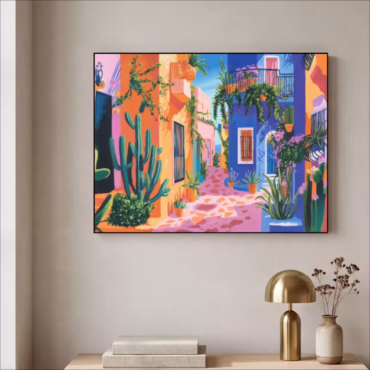Geel - Blauw - Oranje - Huis Textielframe - compleet frame klein -sfeer2