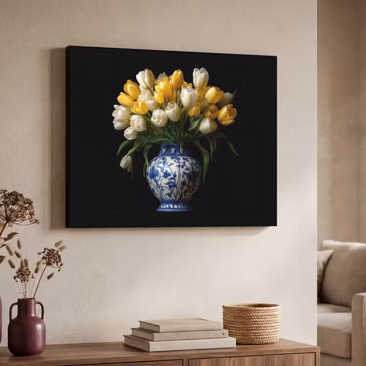 Geel - Tulpen - Vaas - Bloemen Textielframe - compleet frame klein -sfeer3
