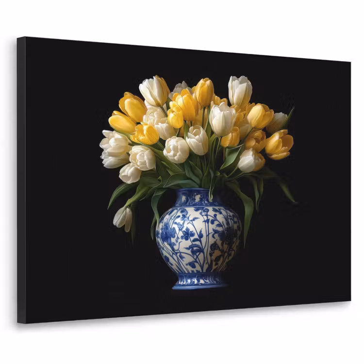 Geel - Tulpen - Vaas - Bloemen Textielframe zwart klein -3d