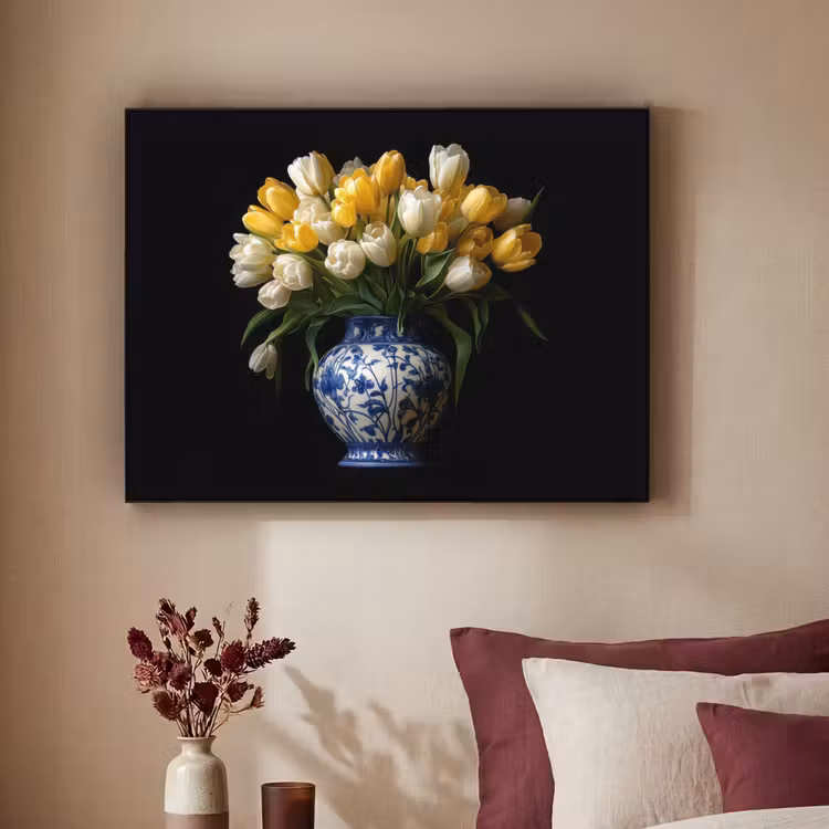 Geel - Tulpen - Vaas - Bloemen Textielframe - compleet frame klein -sfeer1