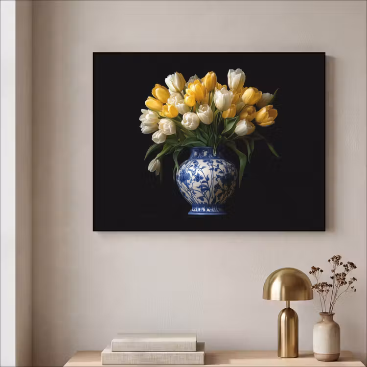 Geel - Tulpen - Vaas - Bloemen Textielframe zwart klein -sfeer2
